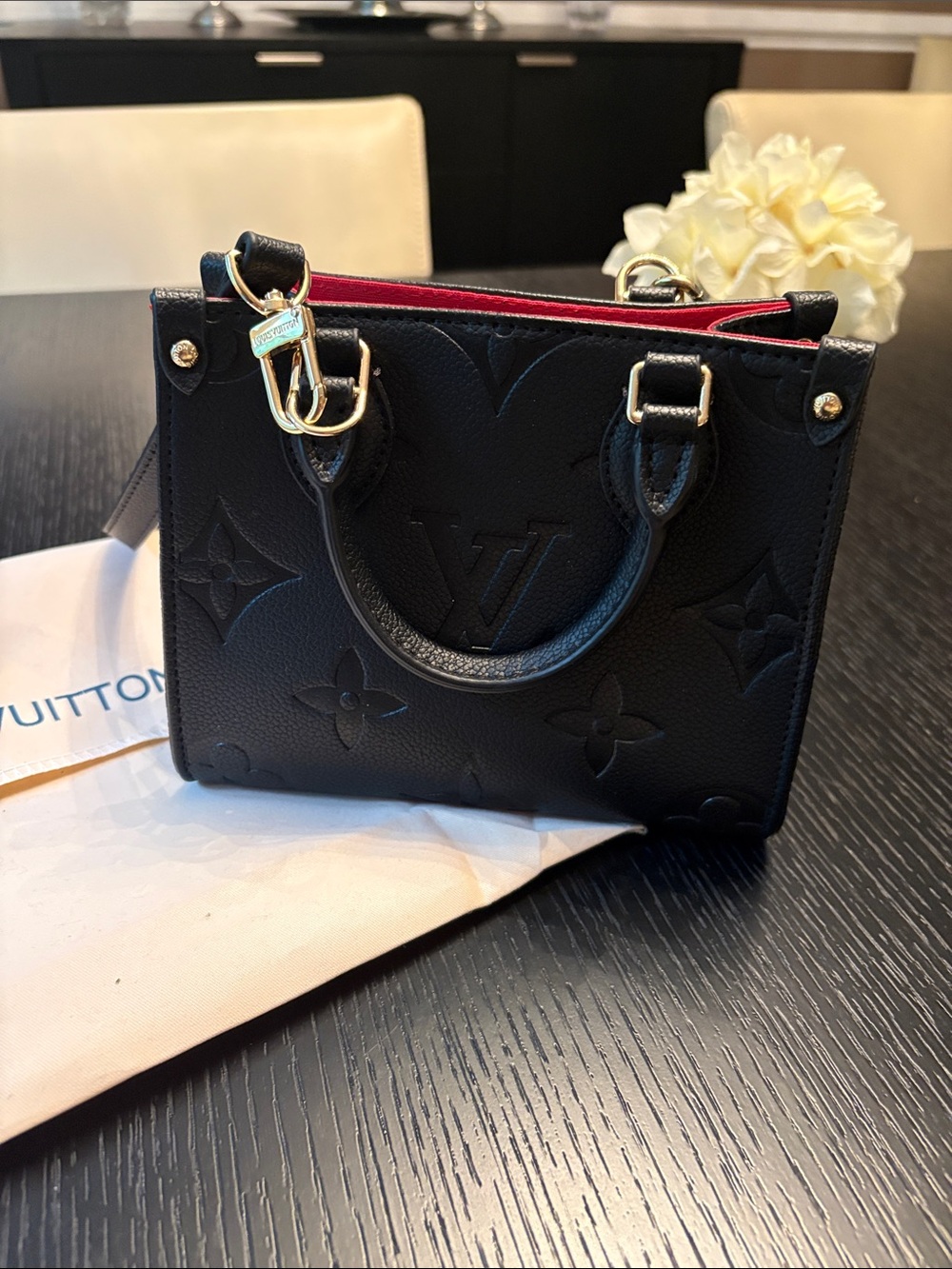Louis Vuitton(like) Black Embossed Mini Tote with Red Interior Trim -PRISTINE